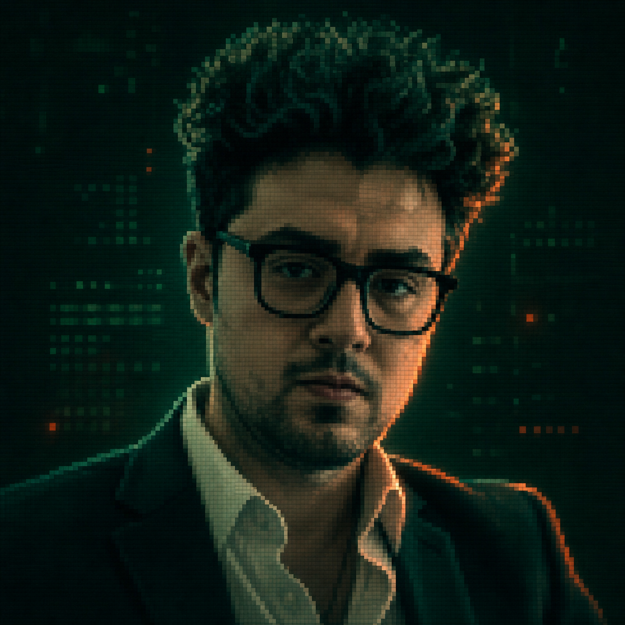 Stylized portrait of Ace Greenman with a green pixel-grid intelligence effect