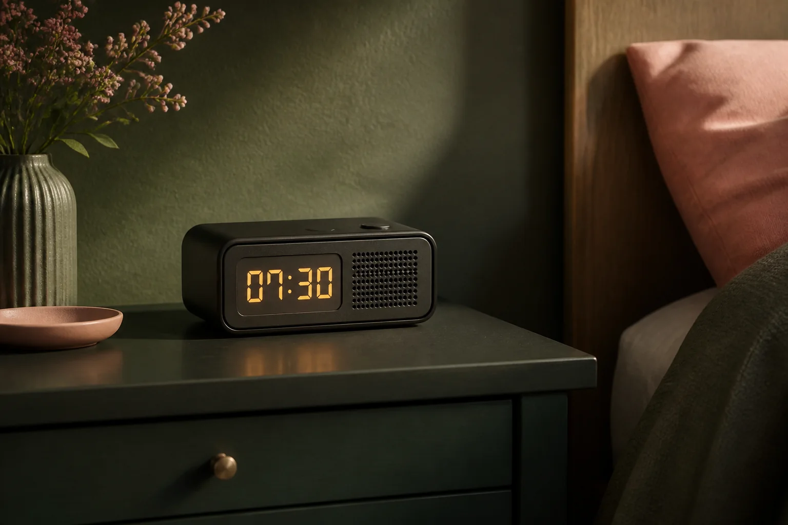 A compact sound-based digital alarm clock on a dark green bedside table.