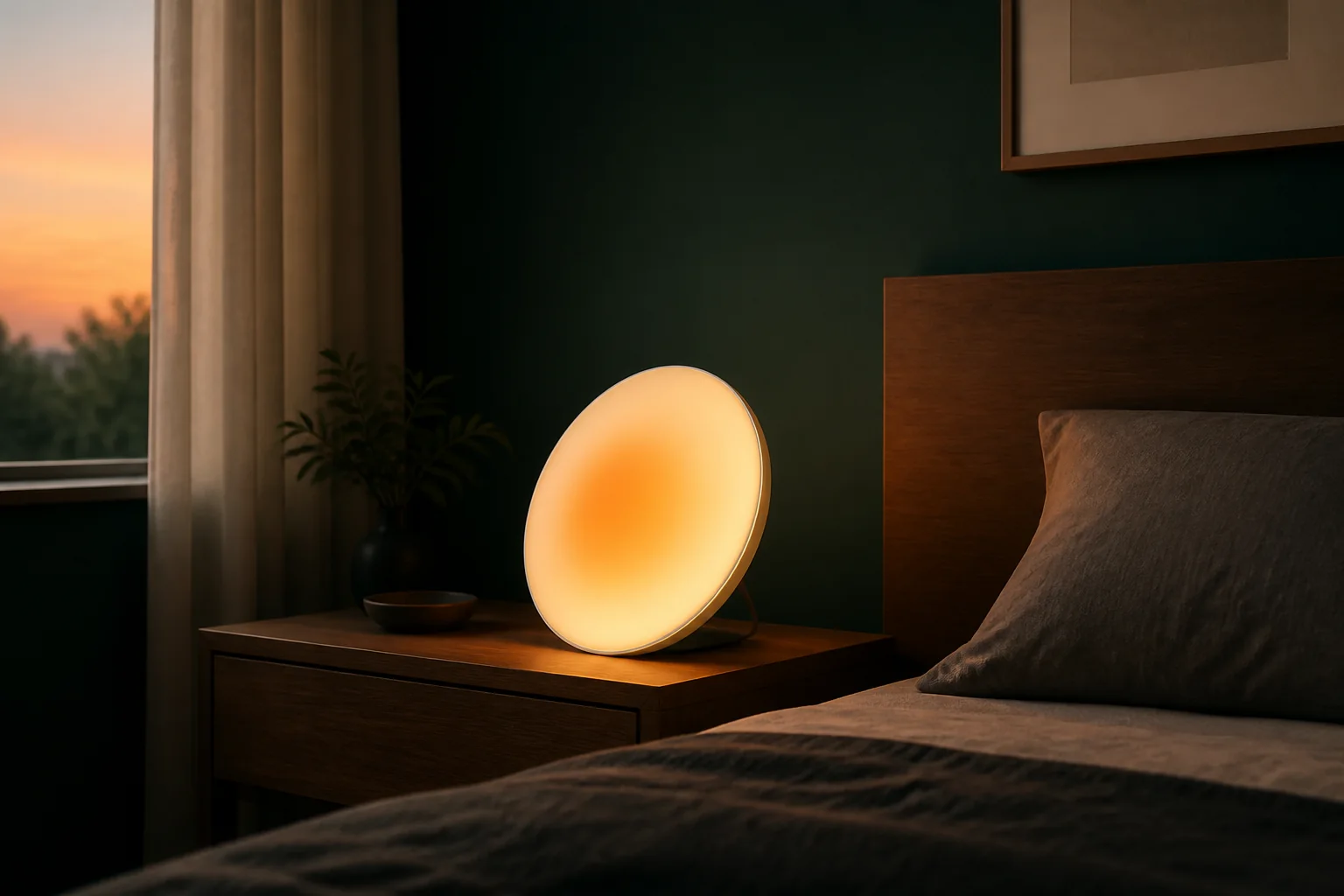 A circular sunrise alarm lamp glowing warmly beside a bed at dawn.