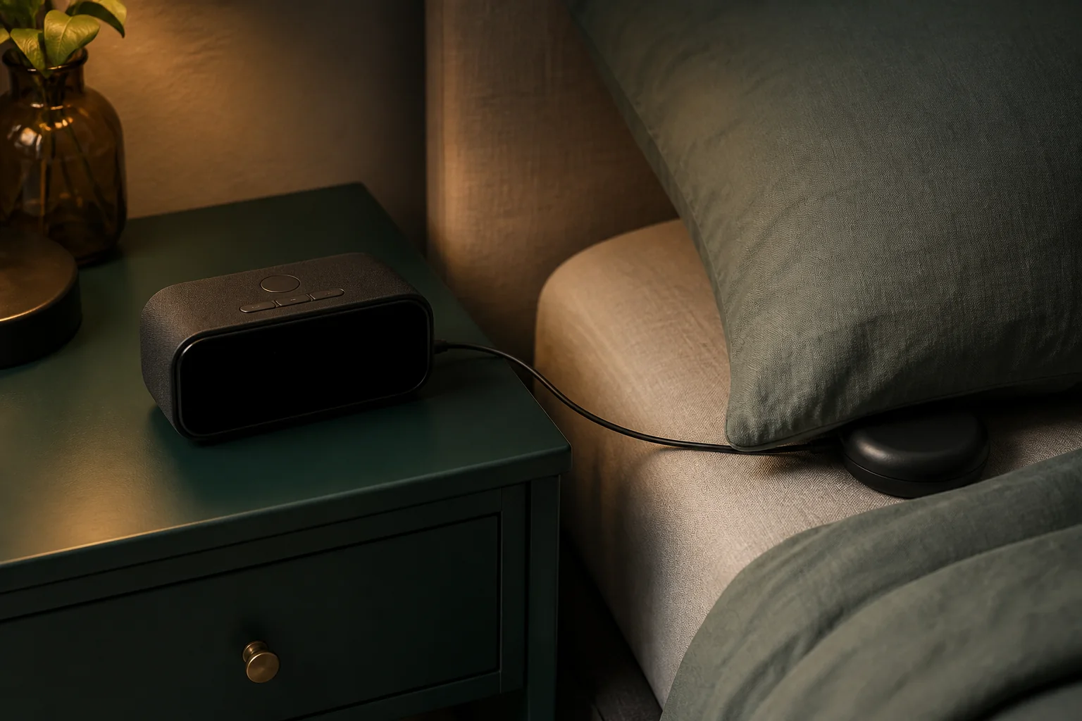 A vibration alarm clock connected to a bed-shaker puck beneath a pillow.
