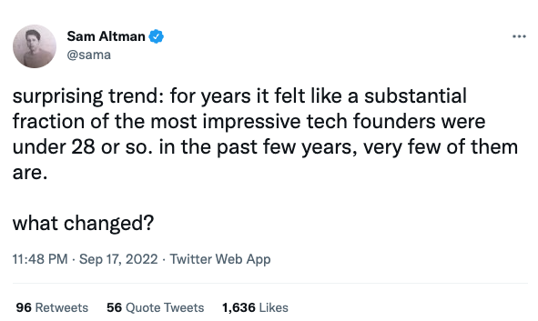 Sam Altman's tweet asking who the most recently created under-30 billionaire is.
