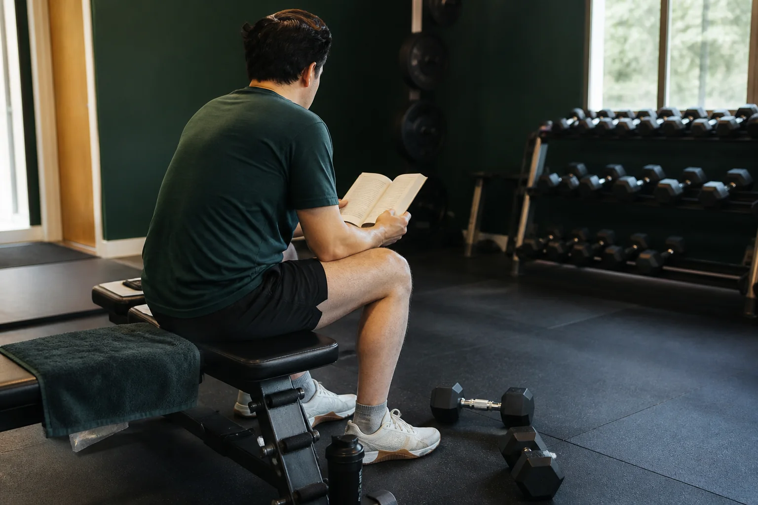 A reader using the rest interval between weight-training sets.
