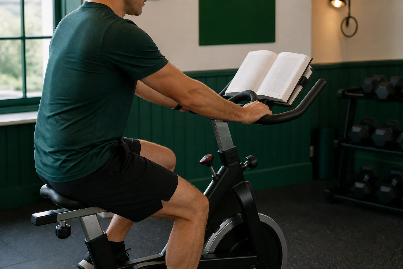 An open book resting on an exercise bike during a cardio session.