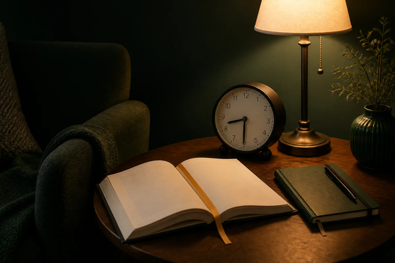 A book, notebook, and tea arranged for a consistent evening reading routine.