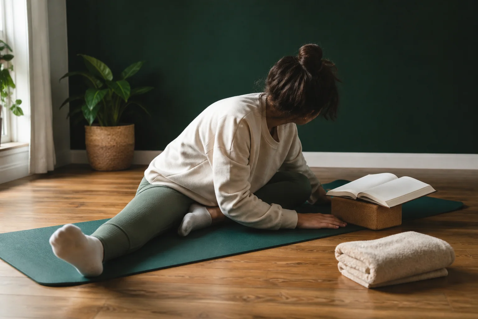An open book beside a yoga mat after a stretching session.