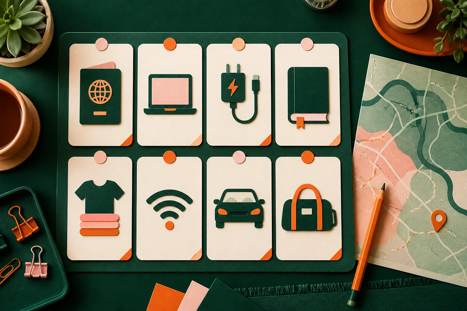 A visual weekend-trip planning board with packing, travel, and work checklists.