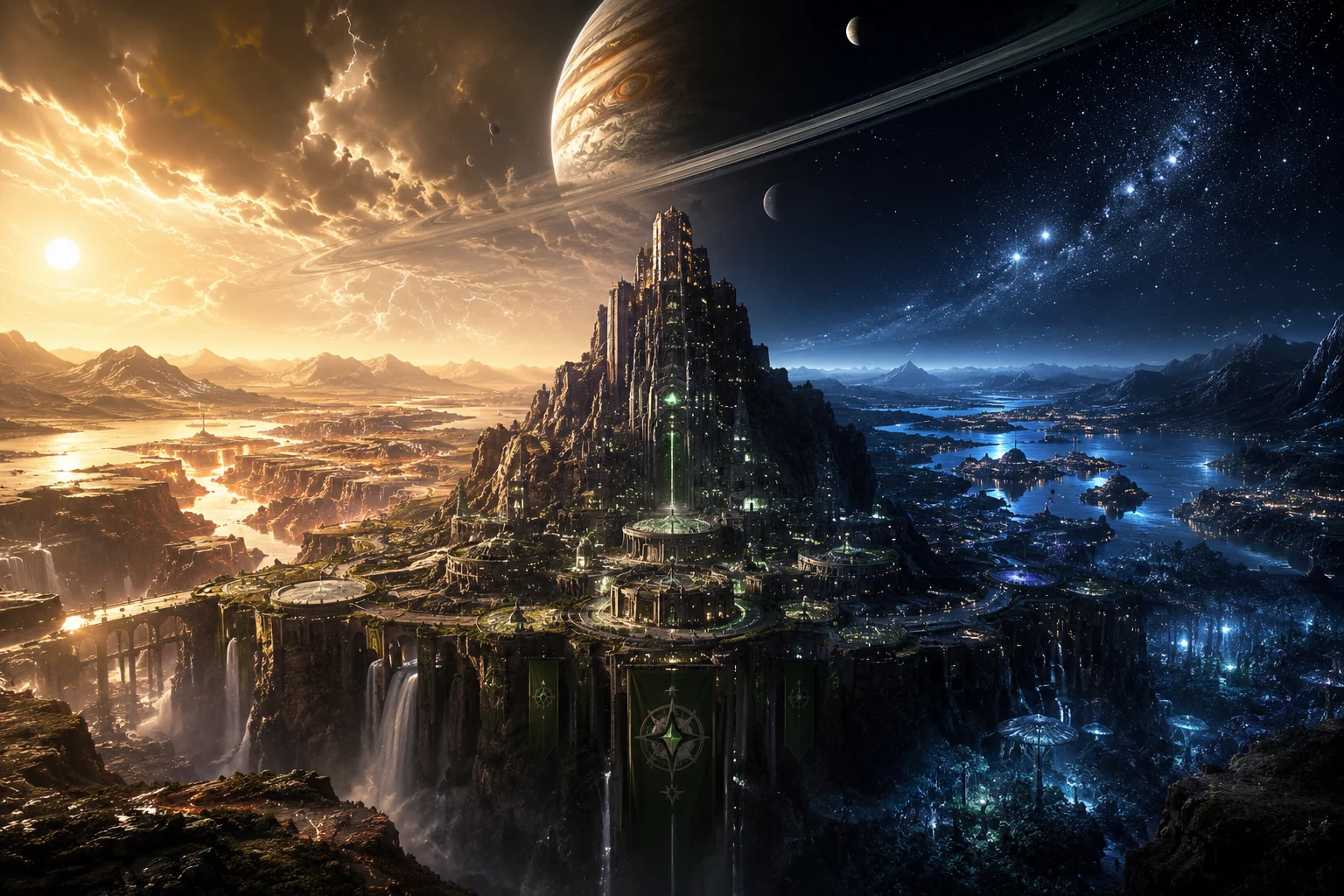 An obsidian mountain citadel stands between a radiant golden landscape and a blue night sky beneath a ringed planet.