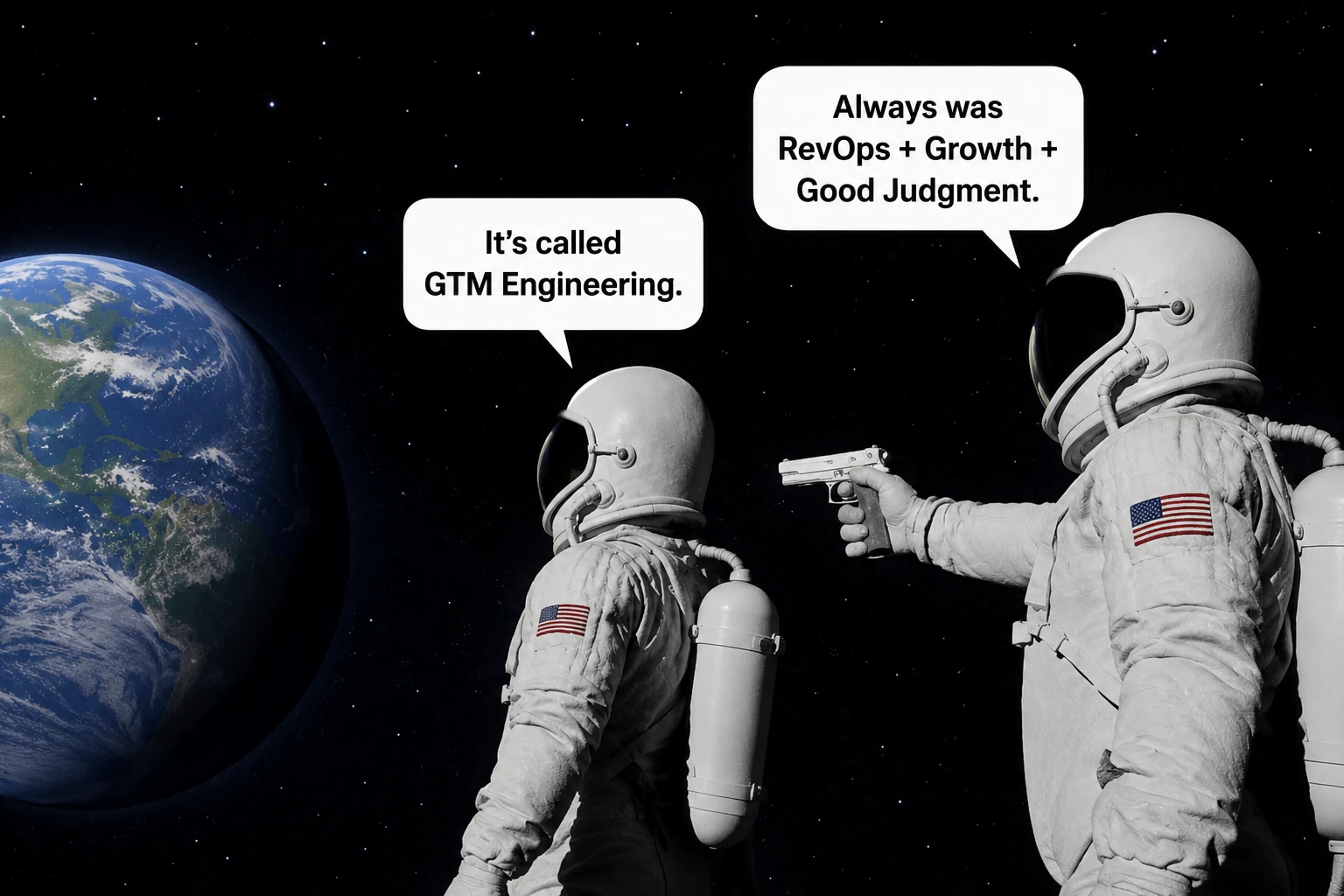 In the astronaut meme, one astronaut looks at Earth and says, ‘It’s called GTM Engineering.’ A second astronaut behind him points a gun and replies, ‘Always was RevOps + Growth + Good Judgment.’